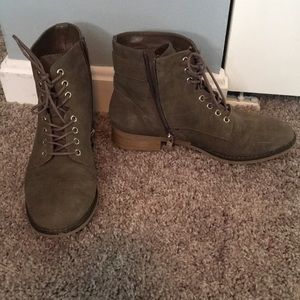 Olive suede lace up buckle ankle booties